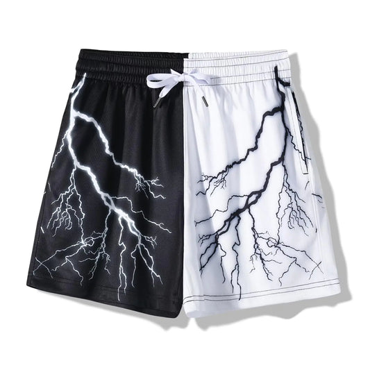 BOOMLEMON Mens Mesh Graphic Print Shorts Casual Fashion Cool Shorts Retro Active Gym Streetwear Short Pants(Novelty Black White Lightning XL)